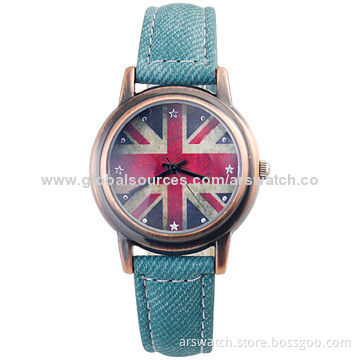 Flag watch with denim strap alloy case Japan movement